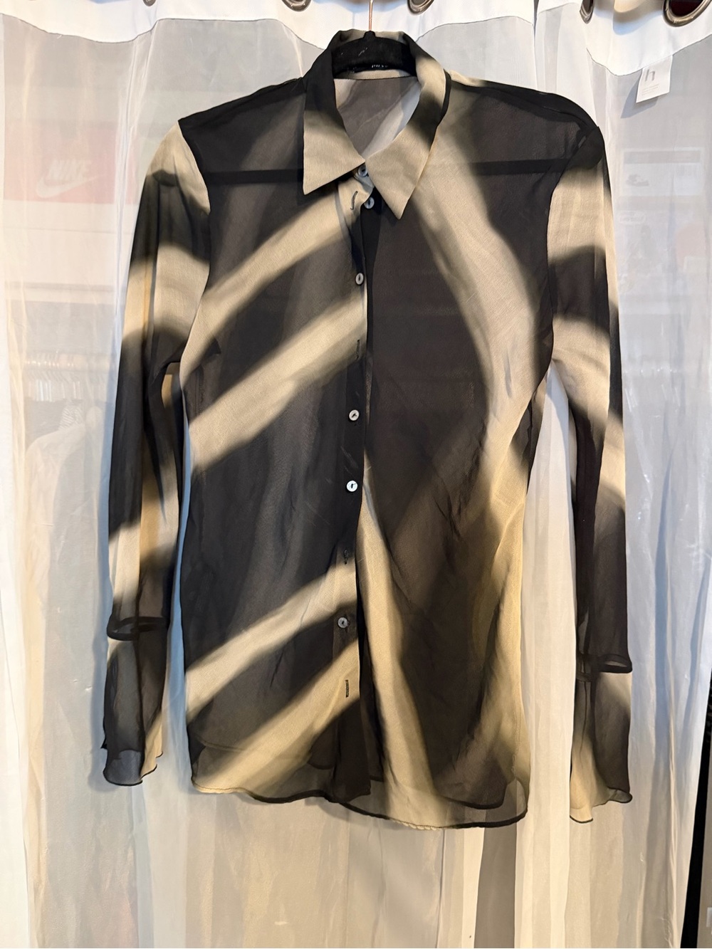 Mango Black and Cream Sheer Striped Button-Up Blouse